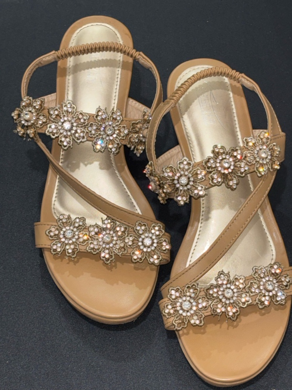 Embellished Tan Floral Crystal Slingback Sandals
